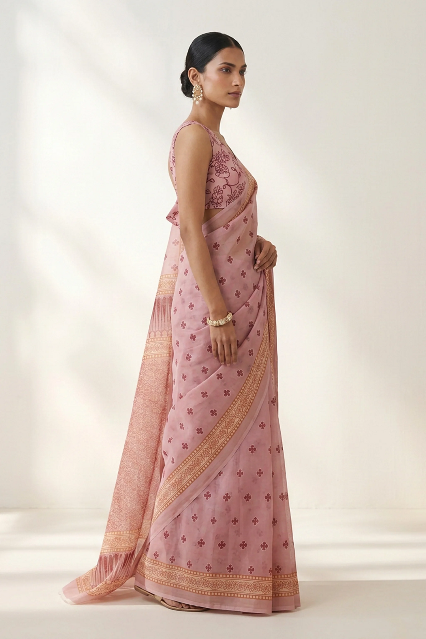 Dusty Rose Printed Organza Saree