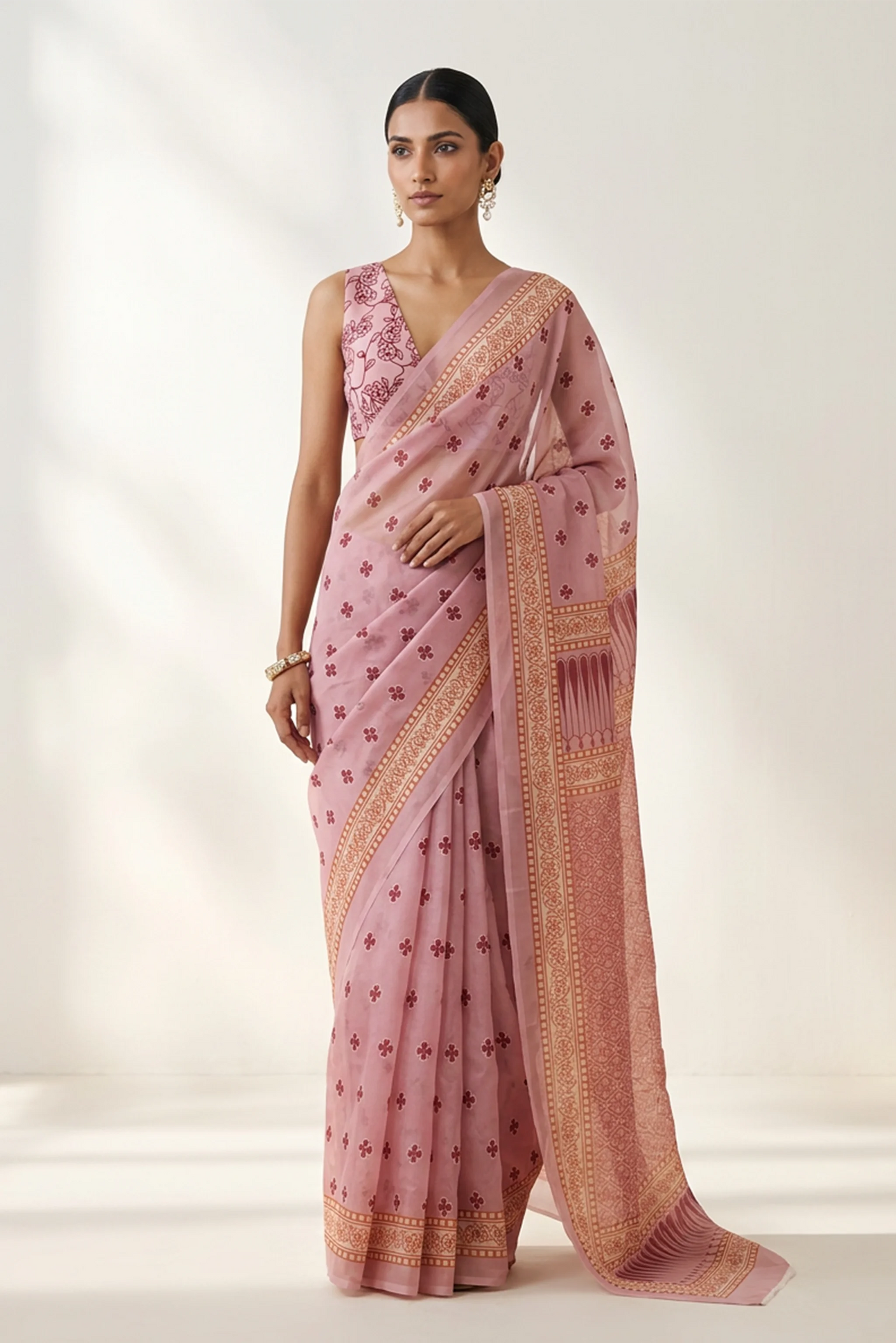 Dusty Rose Printed Organza Saree