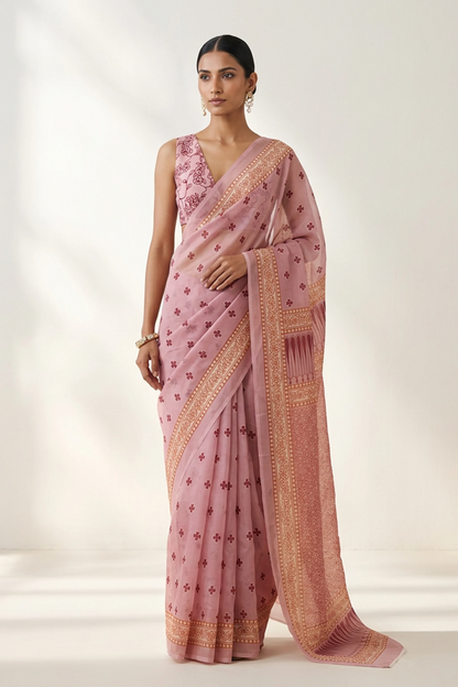 Dusty Rose Printed Organza Saree