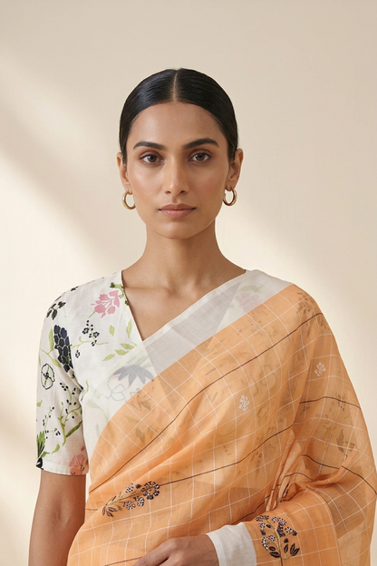 Papaya Check Printed Organza Saree