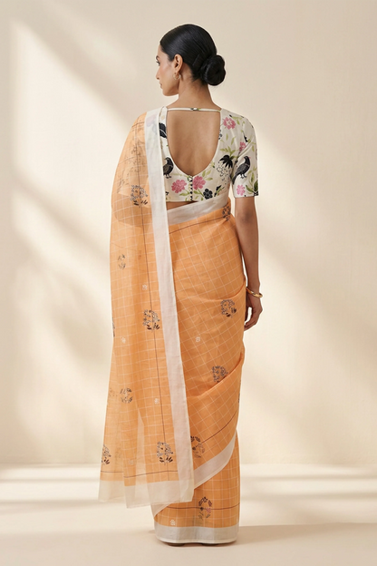 Papaya Check Printed Organza Saree