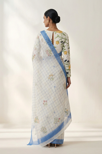 Ivory Check Printed Organza Saree