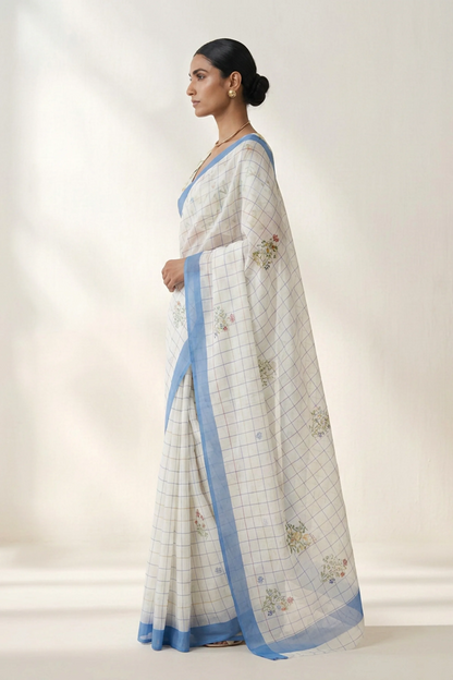 Ivory Check Printed Organza Saree