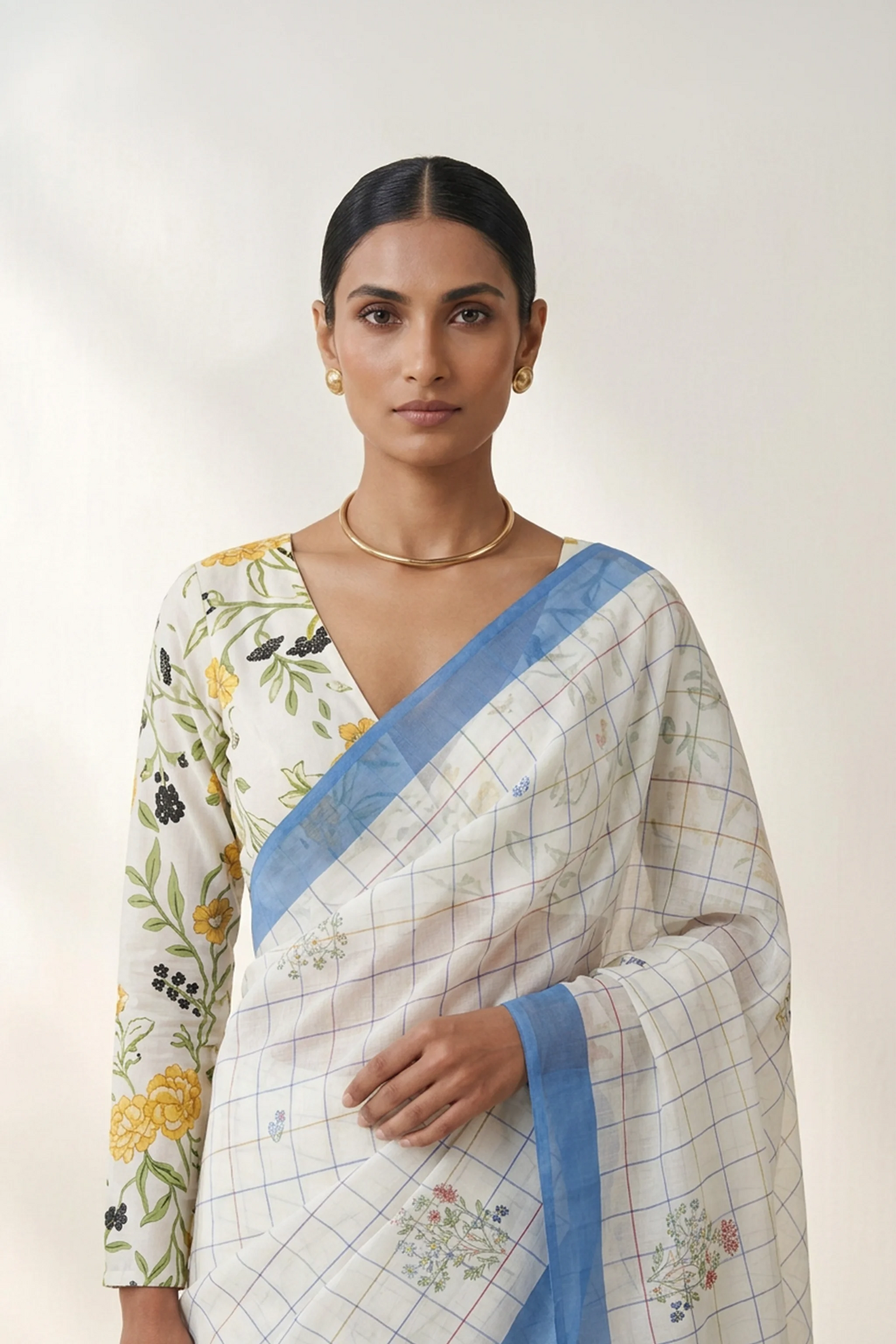 Ivory Check Printed Organza Saree