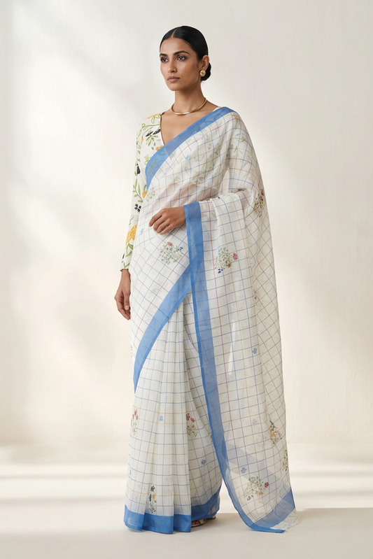 Ivory Check Printed Organza Saree