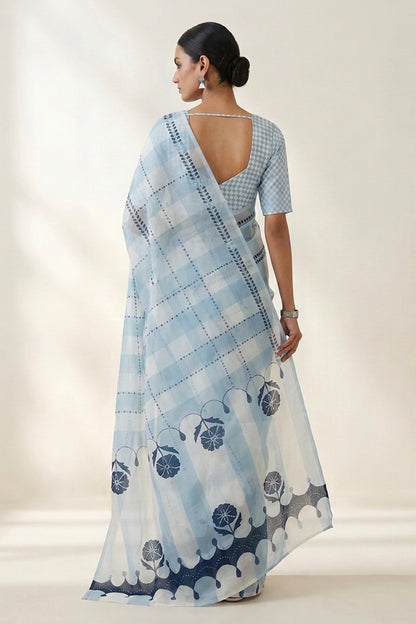 Powder Blue Geometric Printed Organza Saree