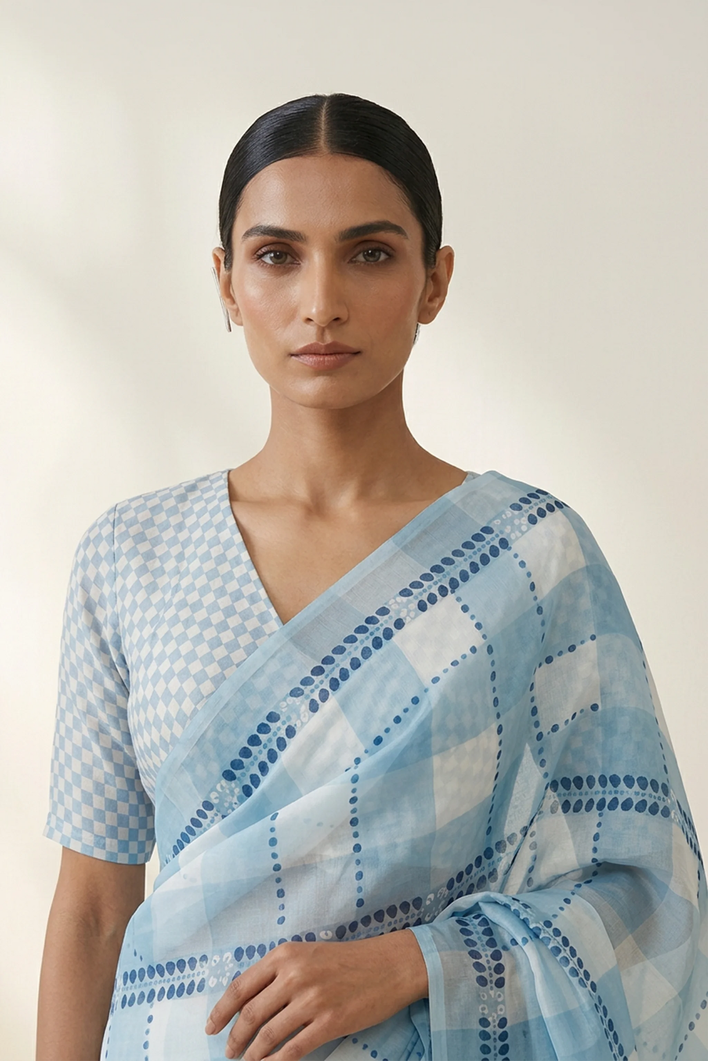 Powder Blue Geometric Printed Organza Saree