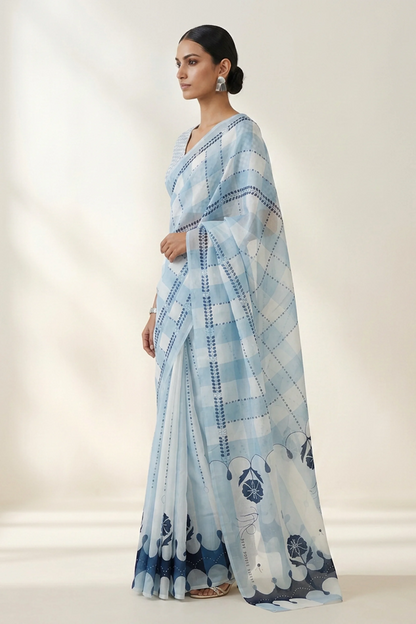 Powder Blue Geometric Printed Organza Saree