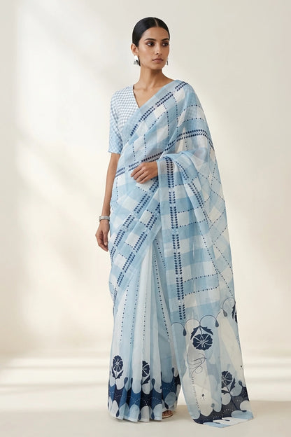 Powder Blue Geometric Printed Organza Saree