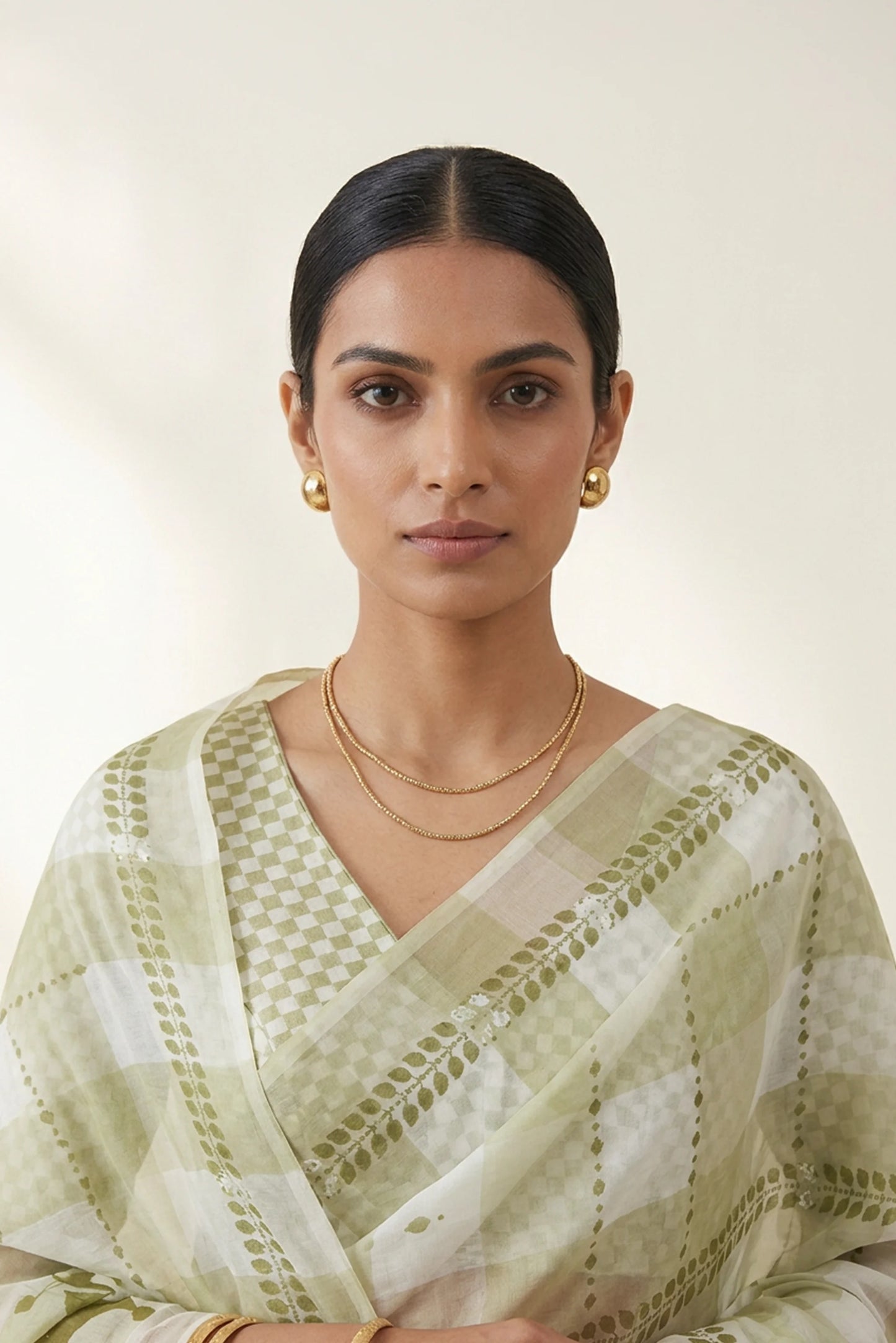 Moss Geometric Printed Organza Saree
