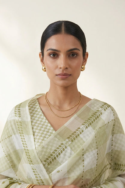 Moss Geometric Printed Organza Saree