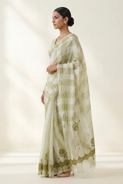 Moss Geometric Printed Organza Saree