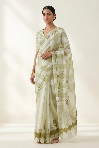 Moss Geometric Printed Organza Saree