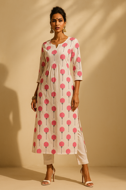 Woman wearing a white kurta with pink floral pattern against a beige background