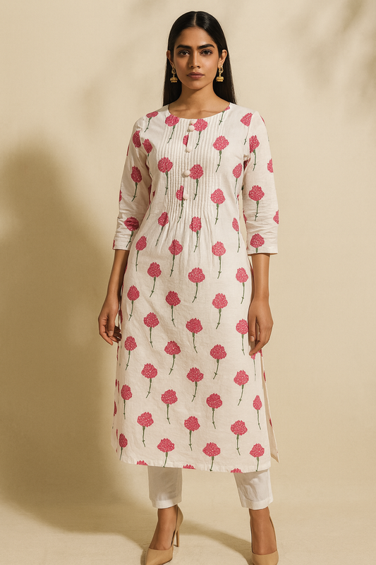 Woman wearing a floral printed kurta against a beige background