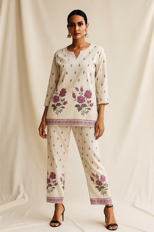 Woman wearing a cream outfit with floral patterns on a plain background