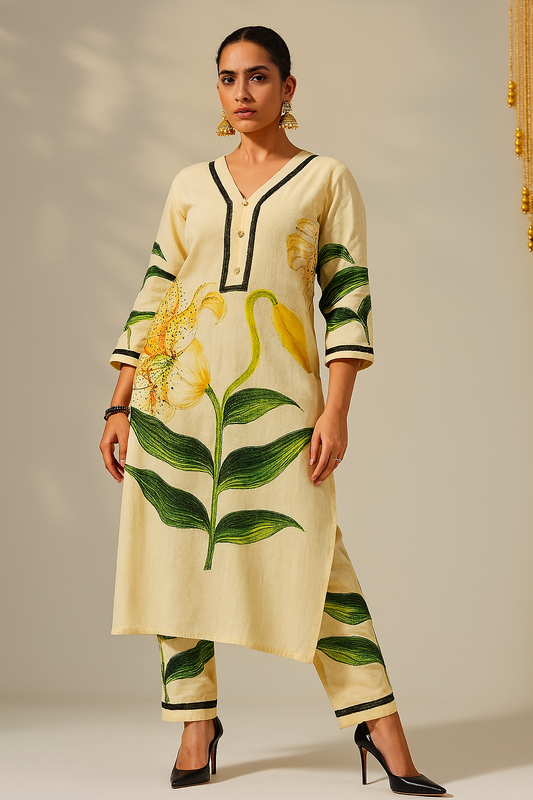 Woman wearing a cream-colored kurta with floral patterns on a plain background