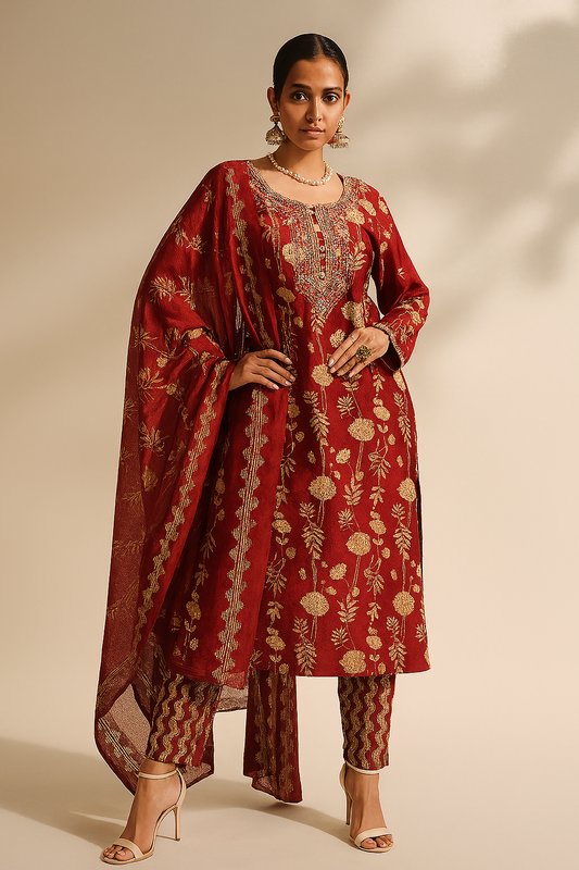 Woman wearing a red traditional outfit with gold embroidery on a beige background