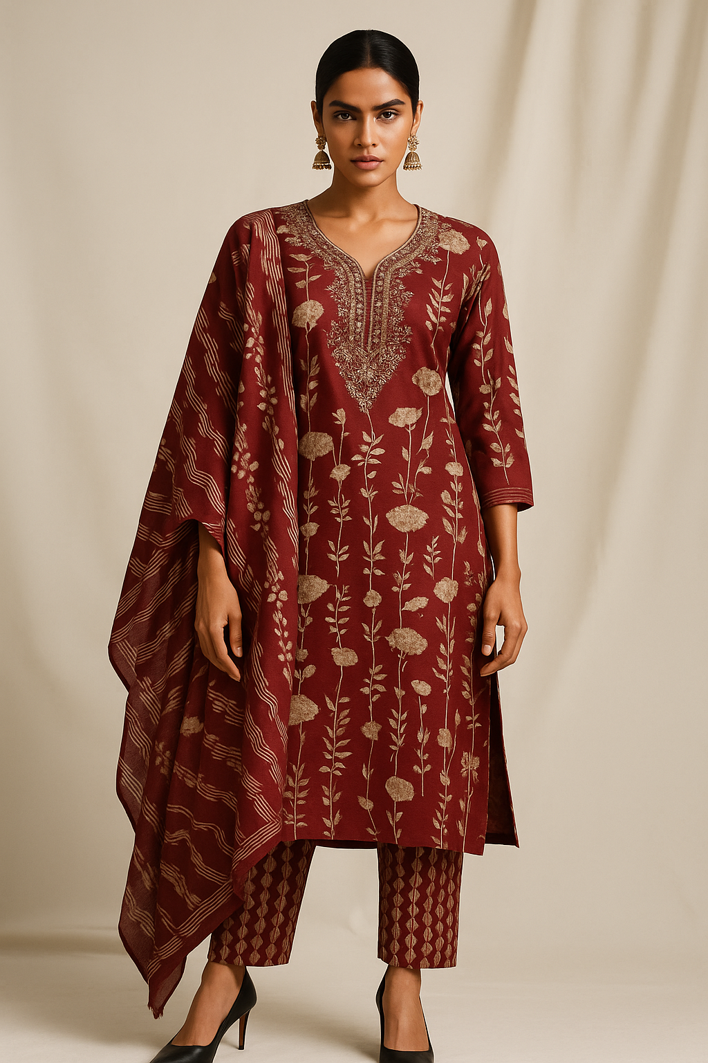 Woman wearing a maroon embroidered outfit with a matching dupatta on a beige background