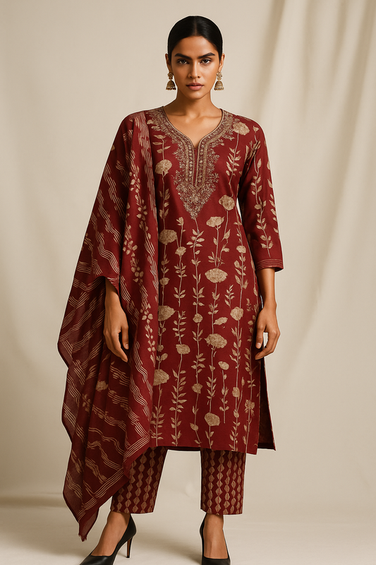 Woman wearing a maroon embroidered outfit with a matching dupatta on a beige background