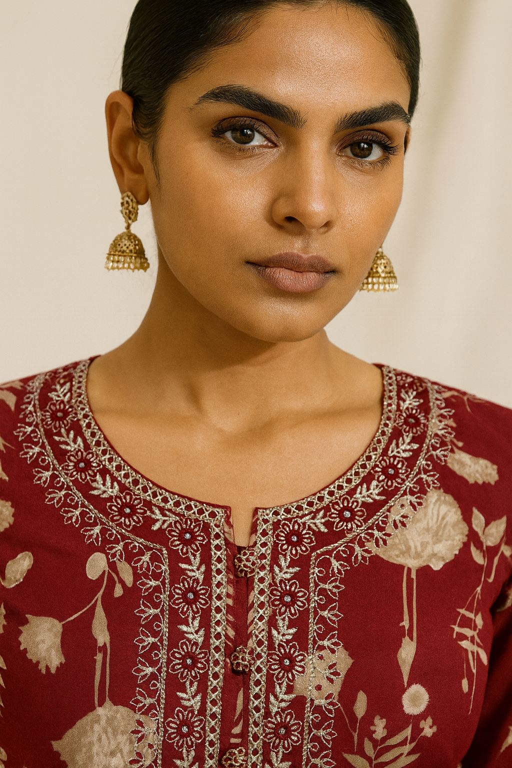 Woman wearing a red embroidered top with gold earrings against a beige background