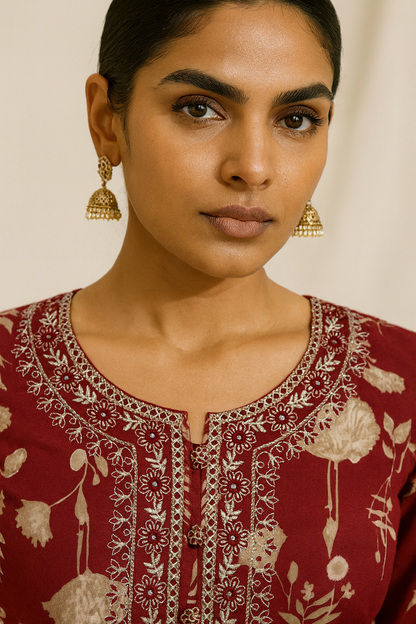 Woman wearing a red embroidered top with gold earrings against a beige background