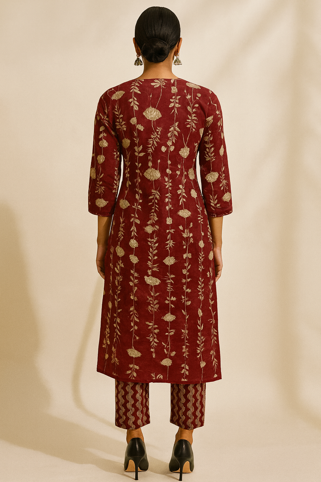 Person wearing a maroon kurta with floral pattern on a beige background