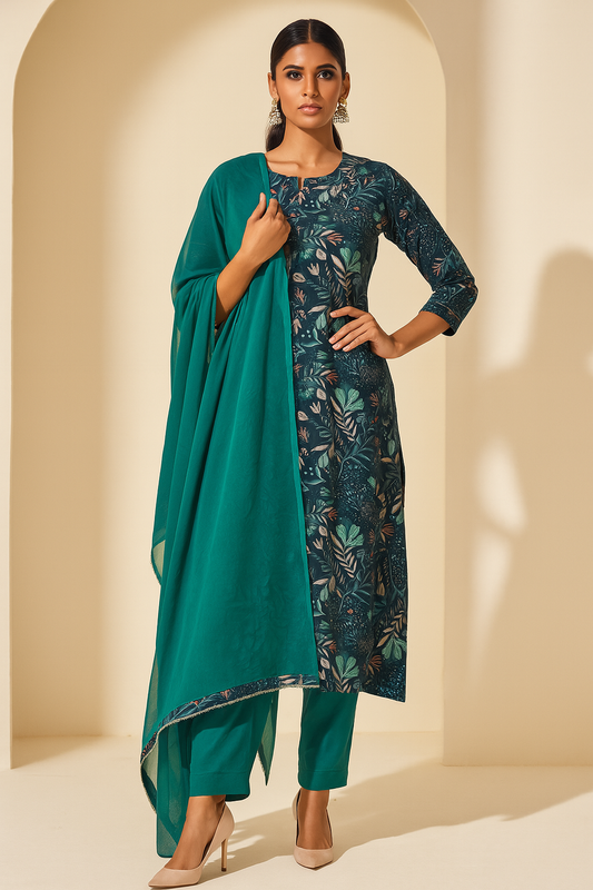 Woman wearing a teal and patterned outfit with a matching dupatta against a beige background