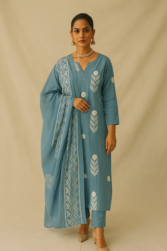 Woman wearing a blue traditional outfit with white patterns on a beige background