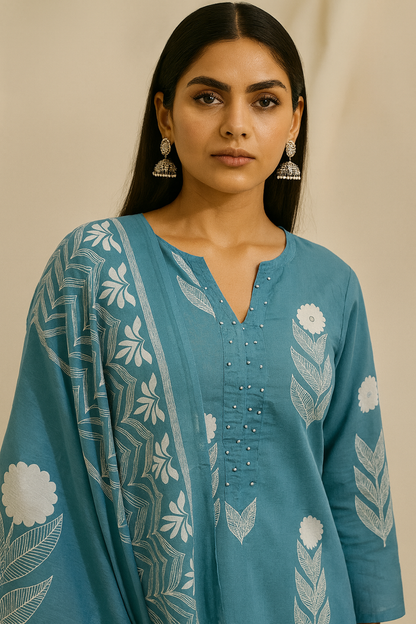 Woman wearing a teal embroidered traditional outfit against a beige background