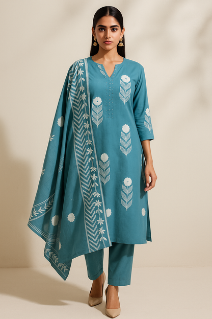 Woman wearing a teal outfit with white floral patterns on a beige background
