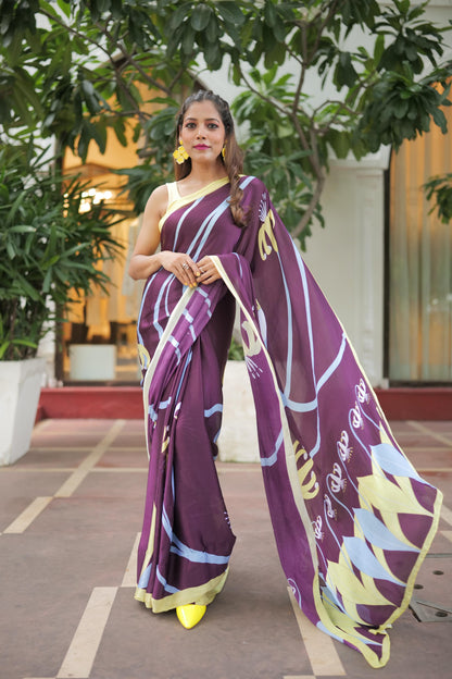 Floral Swirl Printed Satin Georgette Saree