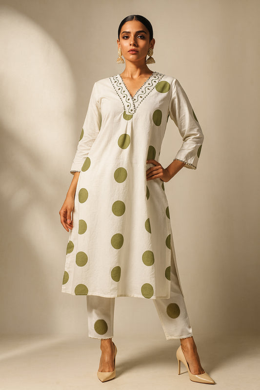 Woman wearing a white kurta with green polka dots on a beige background