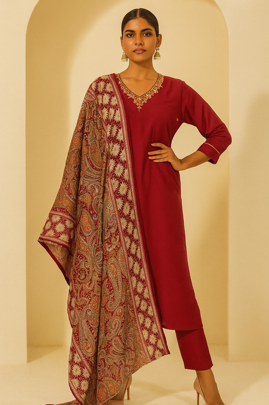 Woman wearing a red traditional outfit with a patterned dupatta against a beige background