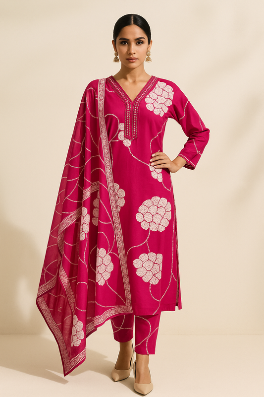 Woman wearing a pink floral outfit with a matching dupatta on a beige background
