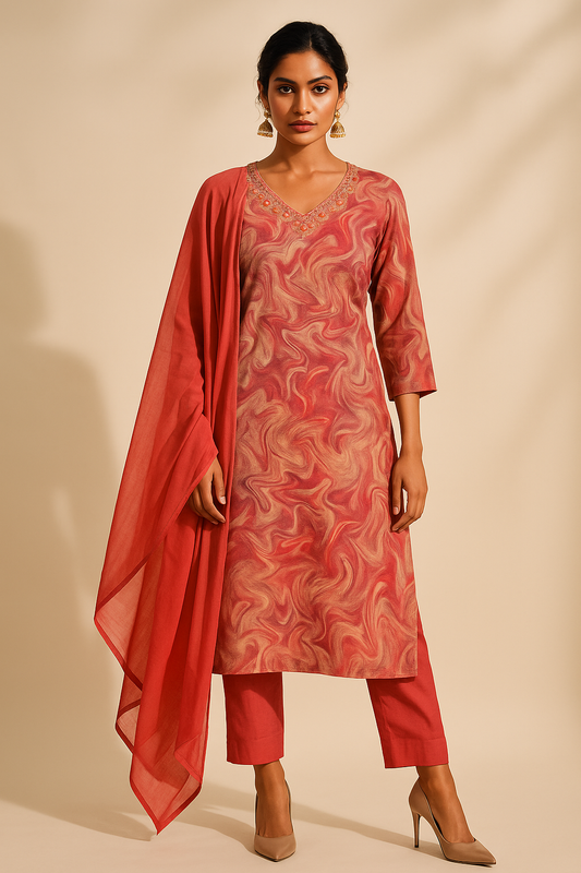 Woman wearing a red and pink patterned kurta with a matching dupatta on a beige background