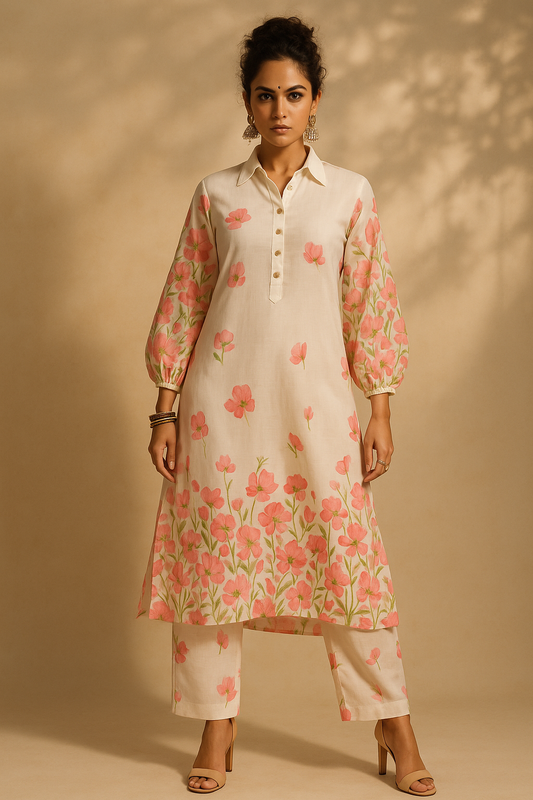 Woman wearing a floral kurta with pants against a beige background