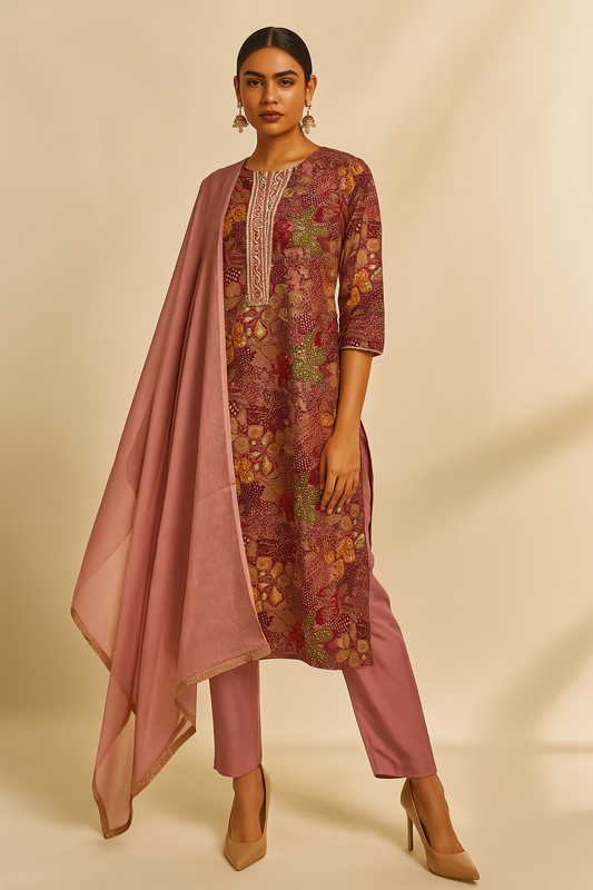 Woman wearing a traditional outfit with a patterned top and pink dupatta on a beige background