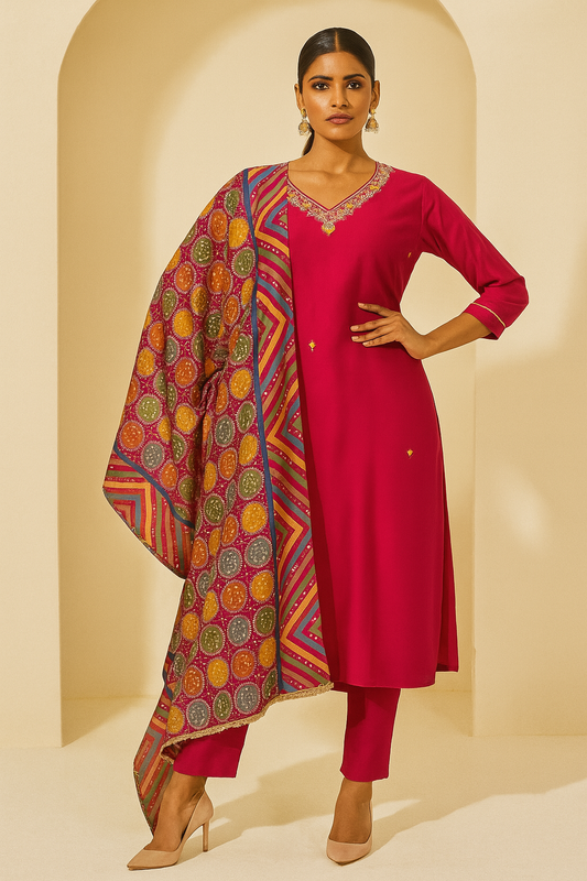 Woman wearing a red kurta with a colorful dupatta against a beige background
