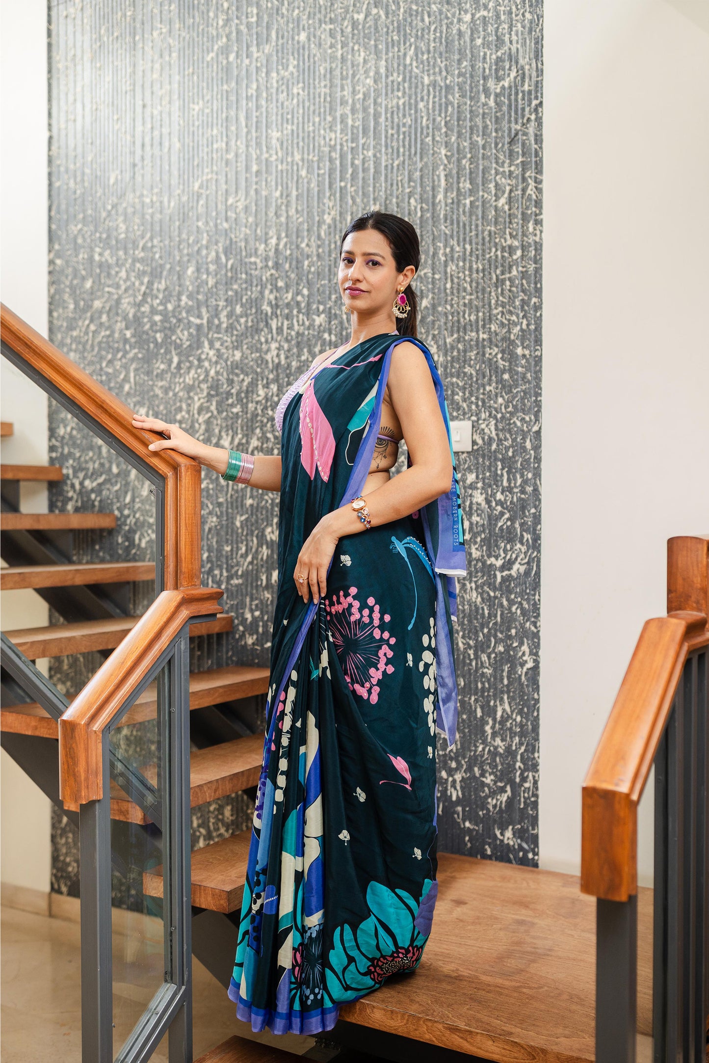 Midnight Blue Floral Printed & Embroidered Crepe Party Wear Saree