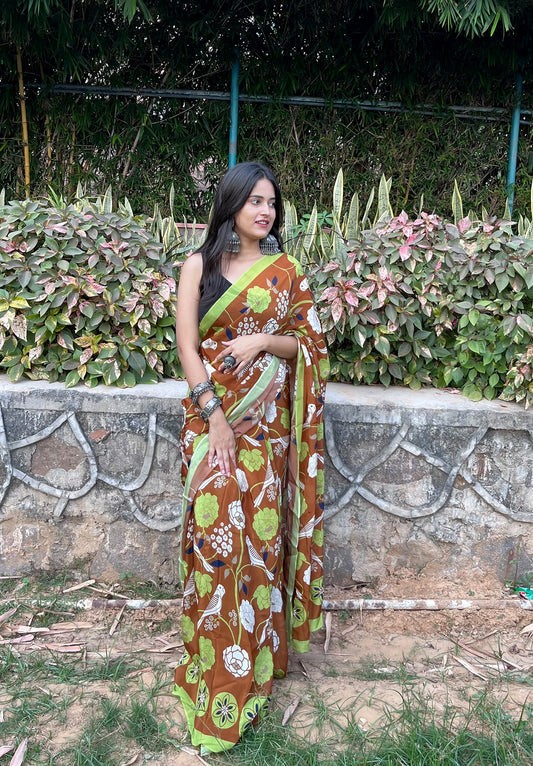 Flora and Fauna Printed Crepe Saree