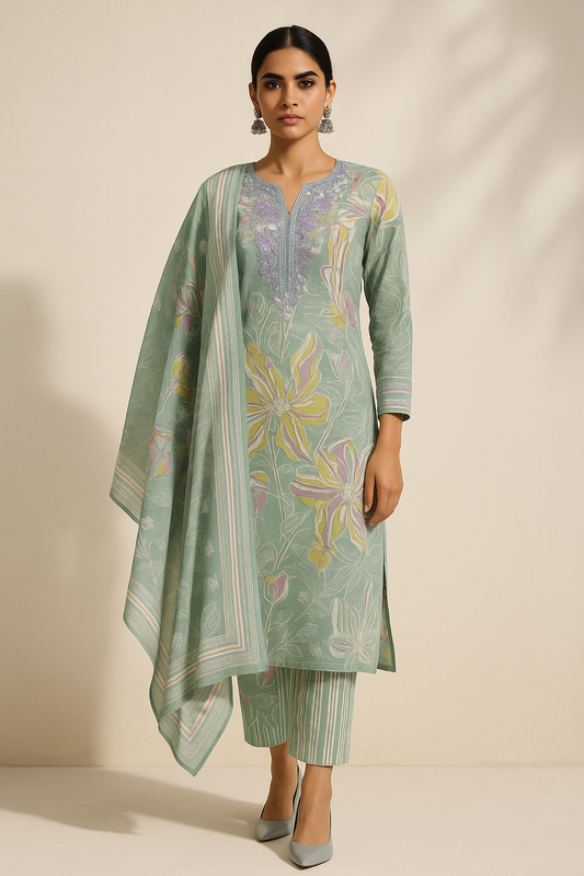 Woman wearing a green floral outfit with a matching dupatta on a beige background