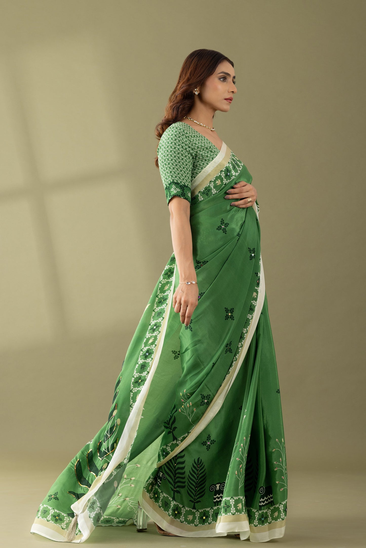 Basil Green Printed & Embroidered Crepe Designer Saree