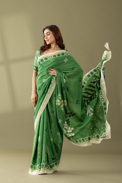 Basil Green Printed & Embroidered Crepe Designer Saree