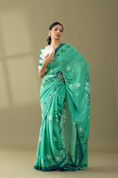 Sea Green Floral Printed & Embroidered Crepe Festive Saree