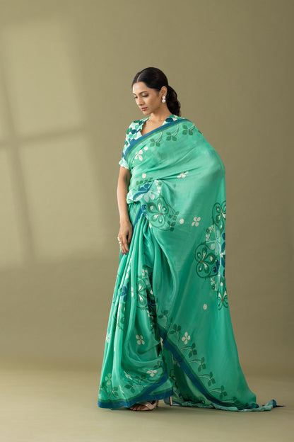 Sea Green Floral Printed & Embroidered Crepe Festive Saree