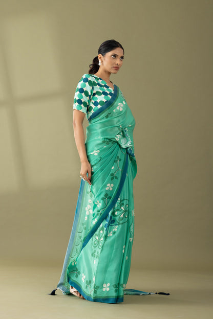 Sea Green Floral Printed & Embroidered Crepe Festive Saree