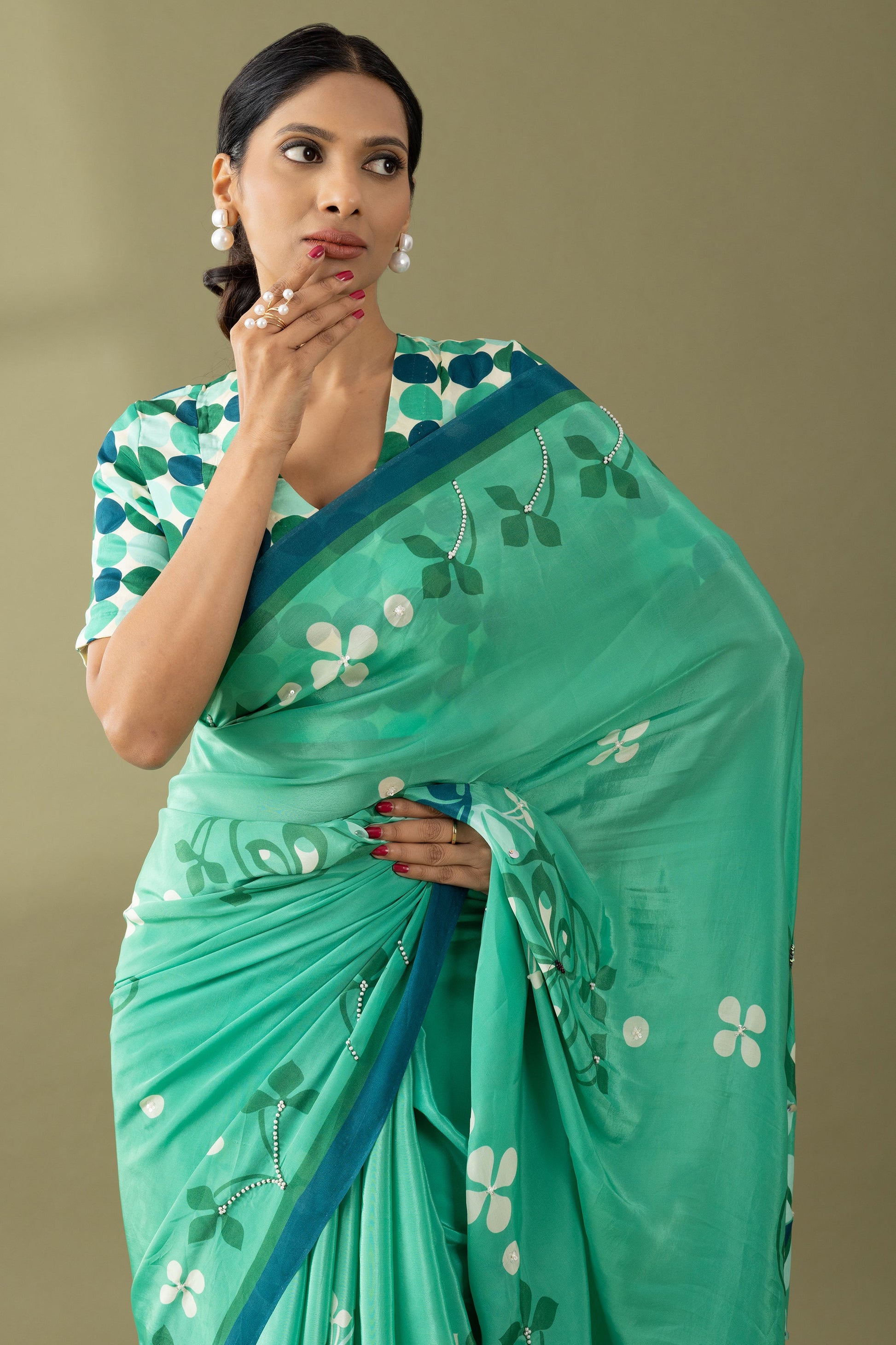 Sea Green Floral Printed & Embroidered Crepe Festive Saree