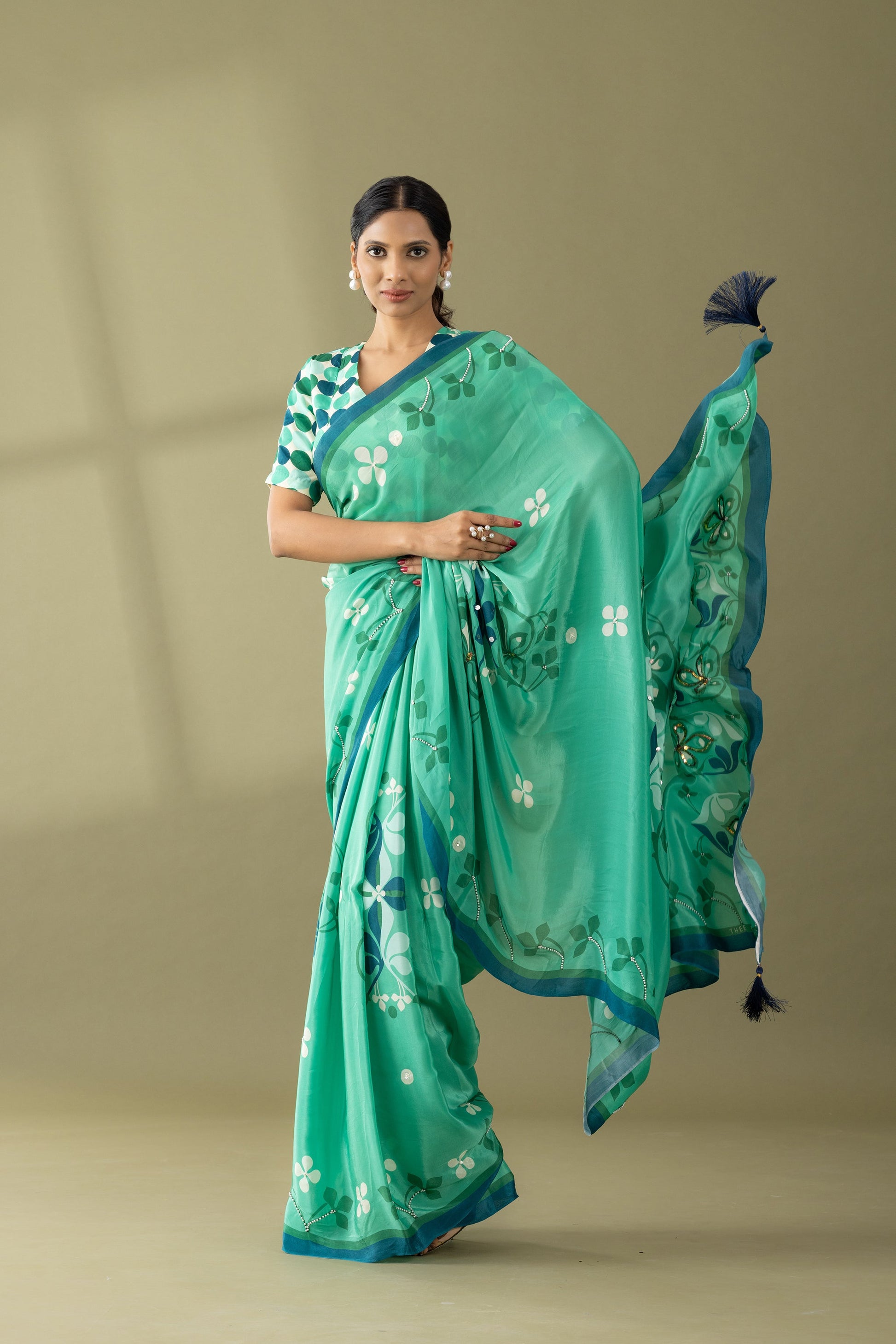 Sea Green Floral Printed & Embroidered Crepe Festive Saree