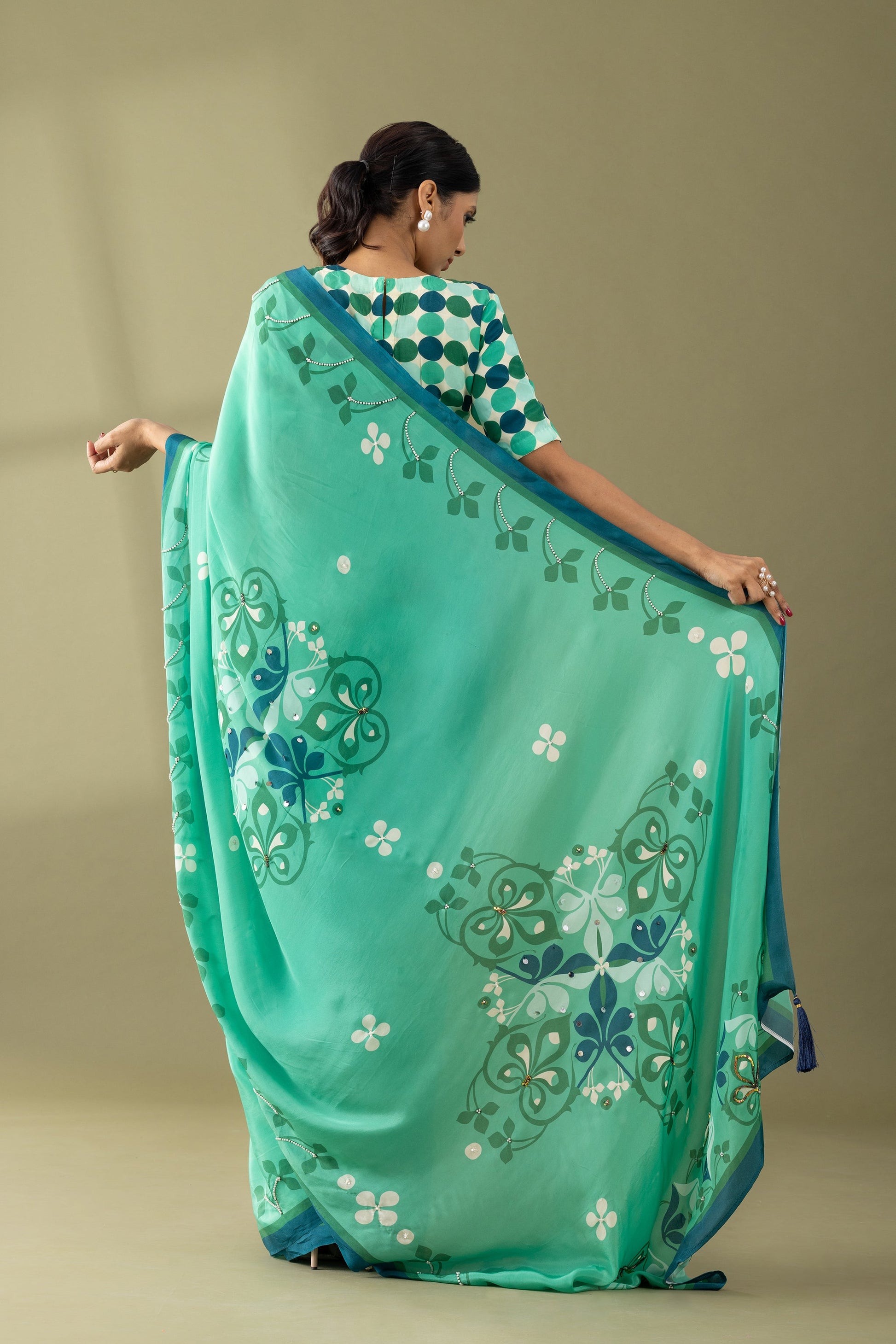 Sea Green Floral Printed & Embroidered Crepe Festive Saree